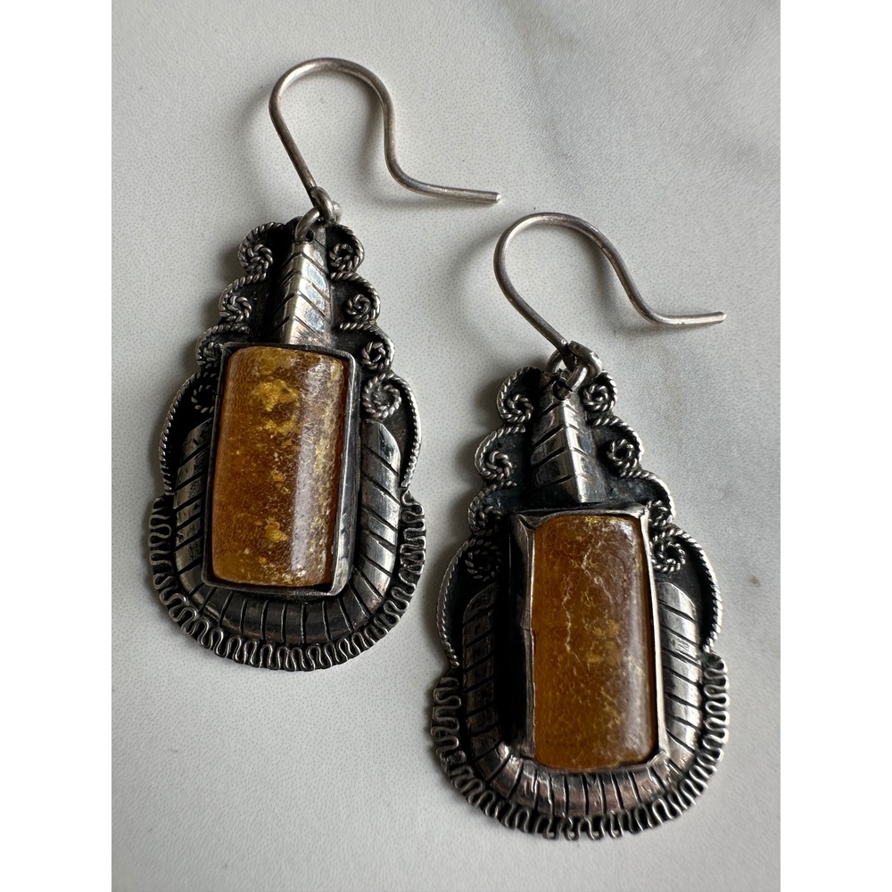 Artisan Sterling Silver Baltic Amber Drop Earrings Ornate Southwestern Boho